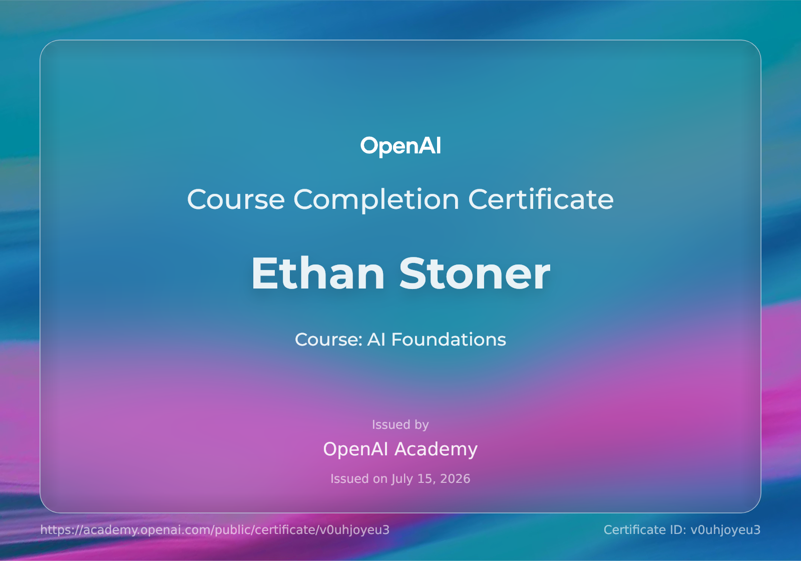 AI Foundations — Course Completion Certificate, OpenAI Academy